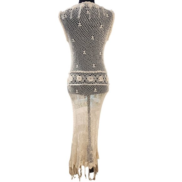 Luxury Stylish Knit Designer Crochet Knitted Maxi Fringes Flowers Dress Tunic NW - Picture 9 of 11